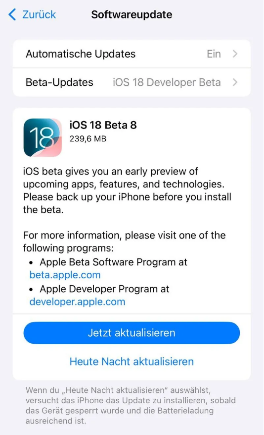 怀仁苹果手机维修分享苹果 iOS / iPadOS 18 开发者预览版 Beta 8 发布 